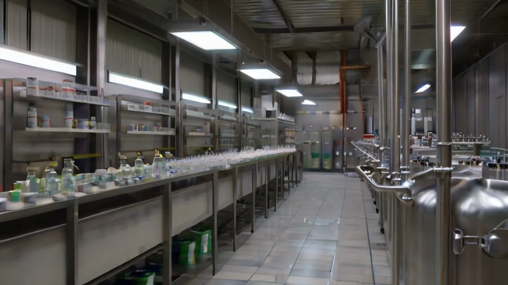 Bancadas de aço inoxidável em cozinha industrial vazia