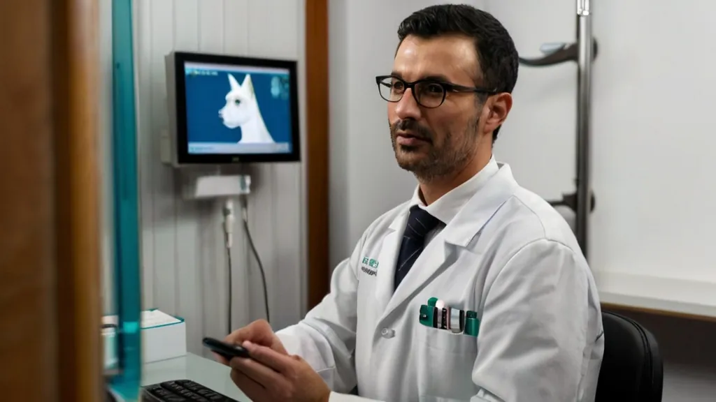 Veterinário consultando informações no computador durante atendimento