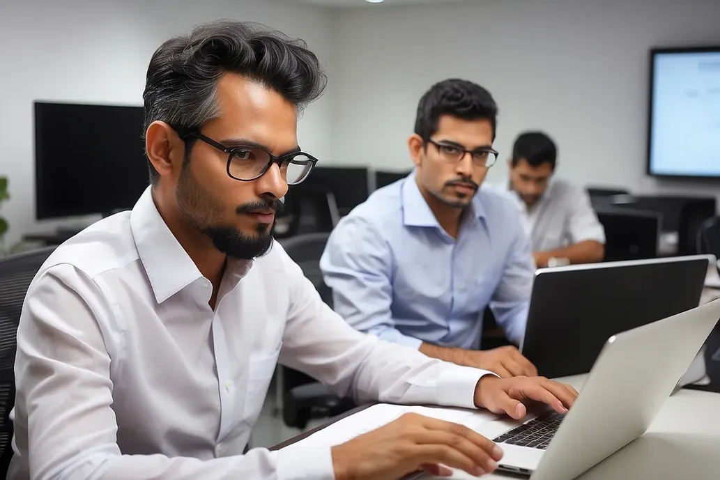 Equipe reunida em frente a um notebook discutindo o trabalho
