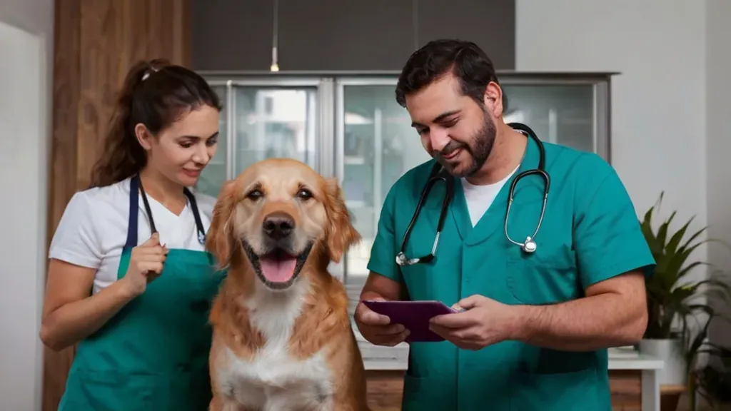 Dois profissionais de clínica veterinária ao lado de um cão