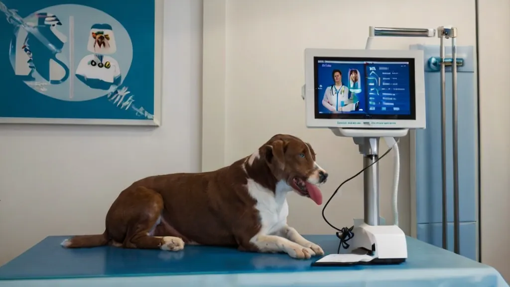 Cão deitado em mesa de exame ao lado de monitor de sinais vitais