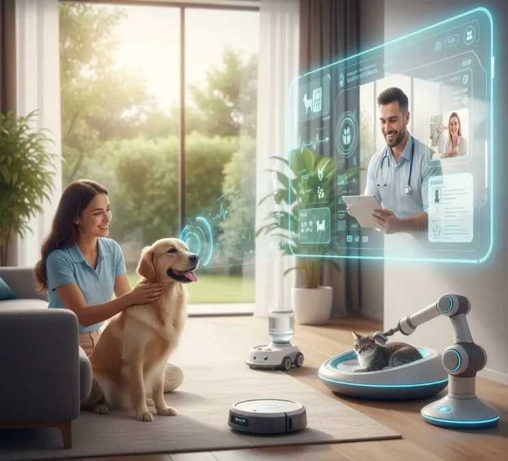 Ilustração com painéis holográficos e texto ilegível sobre atendimento pet